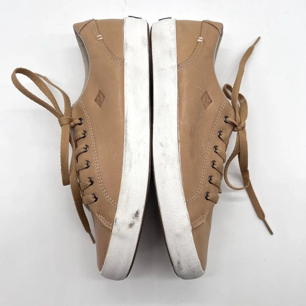 SPERRY Sneaker Mens 7 Tan Leather Low Top Top-sider striper Leather Sneaker NWOB - Picture 7 of 12